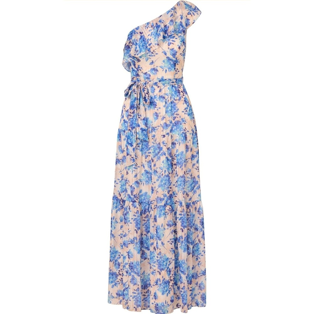Adrianna Papell One Shoulder Floral Satin Stripe Ankle Dress Blue Champ 4 NEW